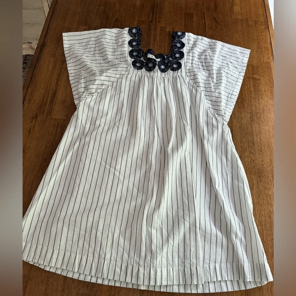 Madewell Linen Embroidered Butterfly Dress SZ XS White Navy Pinstripe - Picture 8 of 15